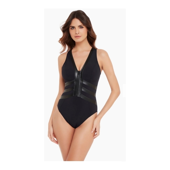 NWOT MiracleSuit MagicSuit Moto Chic Sean One Piece Swimsuit Size 12 Black - Picture 2 of 6
